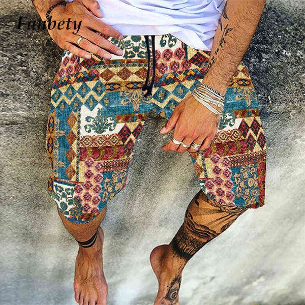 Pantaloncini da spiaggia con coulisse casual da uomo 2021 Pantaloncini da spiaggia estivi con motivo retrò stampato in lino di cotone corto pantaloni streetwear larghi da uomo H1206