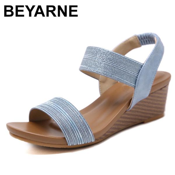 

dress shoes beyarne women summer beach mid heels wedge sandals casual woman pu leather big size shiny sandalias mujer sapato feminino, Black