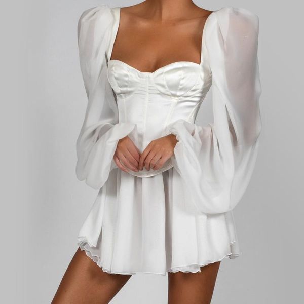

casual dresses women bodycon dress female lantern sleeve y2k corset chiffon outfit party mini white 2021, Black;gray