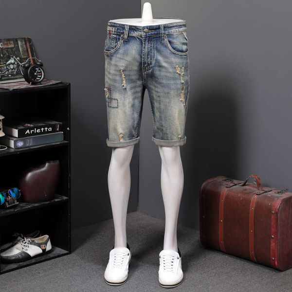

summer holed cotton denim capris men's slim fit stretch shorts trend pants youth thin, Blue