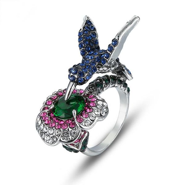 

wedding rings luxury female blue crystal stone big ring charm silver color engagement jewlery for women vintage flower bird, Slivery;golden