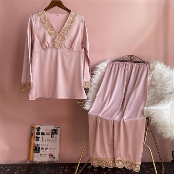 

summer women pullover long sleeve pants sleepwear lace trim silk satin pajama bride bridesmaid wedding nightwear homewear, Black;red