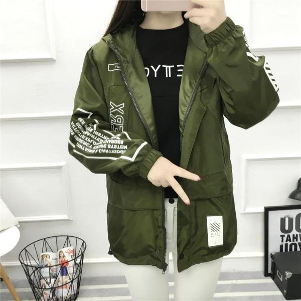 

spring autumn windbreaker black letter women long loose cartoon hooded thin jacket coat female windbreakers jackets clothes1, Tan;black