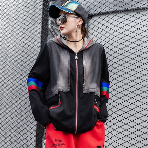 

women's jackets hooded denim jacket hoodies jeans women clothing knitted korean outerwear cute coat harajuku trendy windbreakers spring, Black;brown