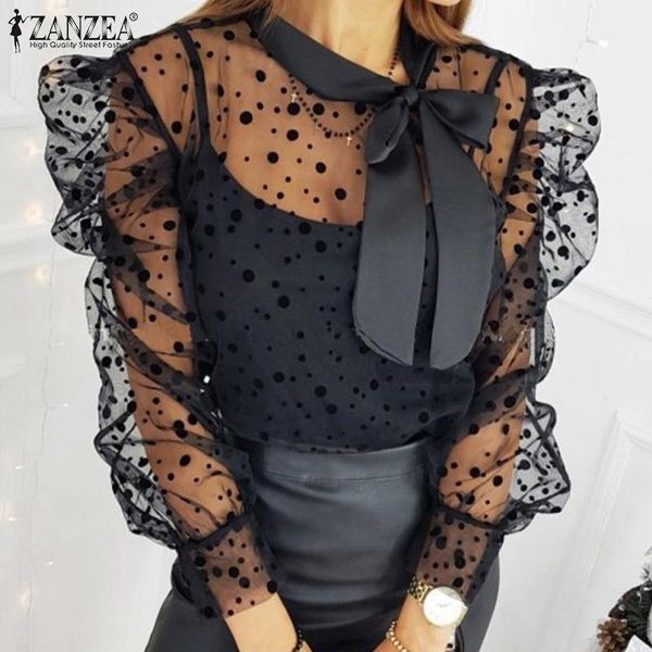 

women's blouses & shirts women elegant blouse 2022 summer office lady puff sleeve 2-pieces casual bow tied see-through oversized, White