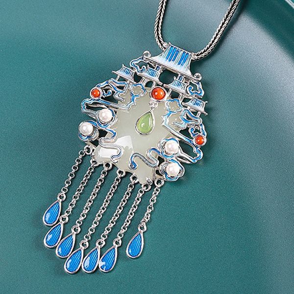 

2021 fashion new real s925 pure sier gold plated cloisonne burning blue for inlaid hetian jade tassel woman pendant buux, Silver