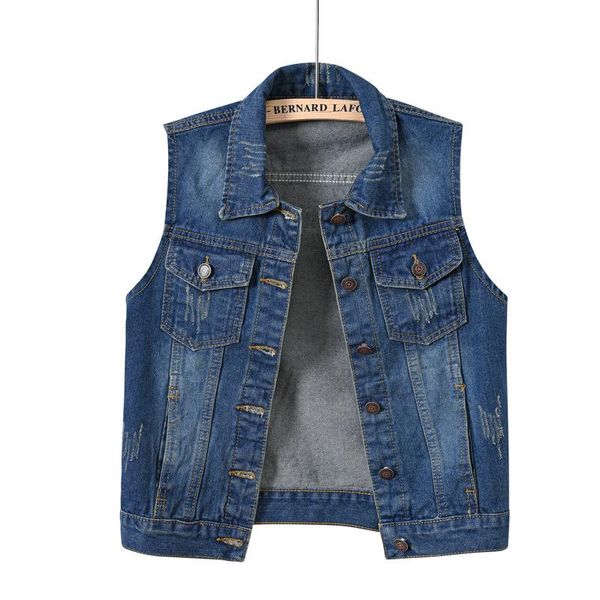 

women's vests retro denim vest trend outside wearing frayed large size, Black;white