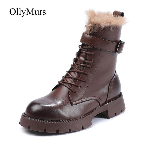 

boots women winter fashion brand retro lady shoes female warm thick fur ankle brown, Black