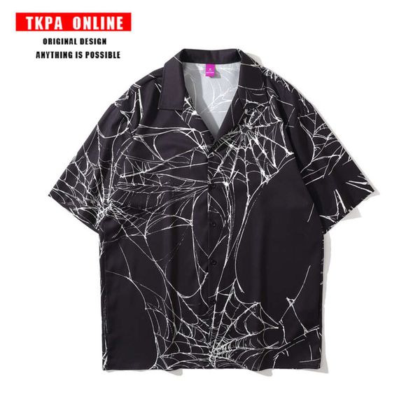 

tkpa lapel loose casual shirt and gaojiechao spider web printed short sleeve shirt, Tan;black