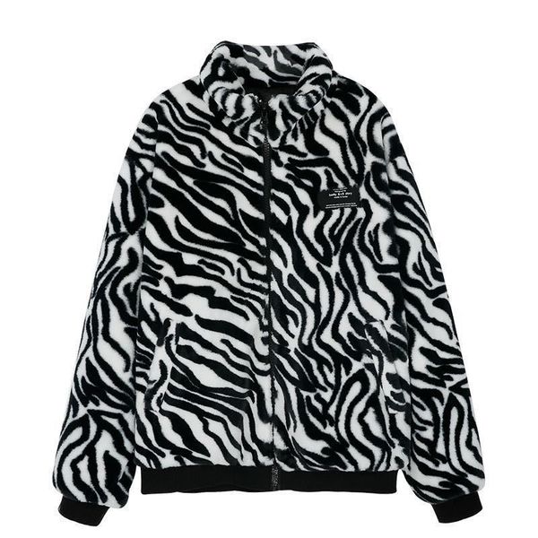 

autumn and winter new womens jacket zebra pattern warm thickening plush coat loose fashion coat, Tan;black