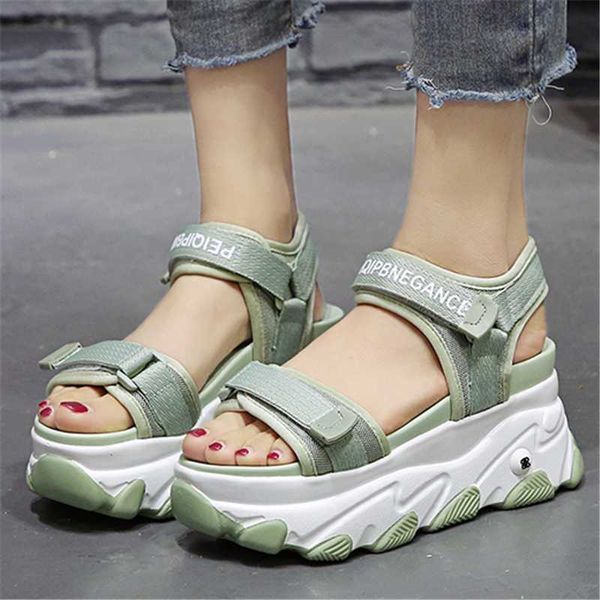 

sandals summer women open toe sports buckle design black green platform comfortable ladies beach shoes 8.5cm wedges high heels