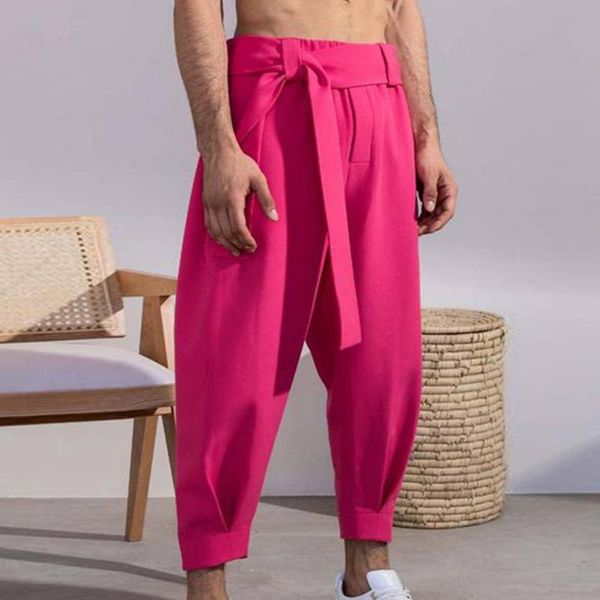 

men's pants 2021autumn fashion solid color lace-up casual belt loose cropped trousers for male, Black