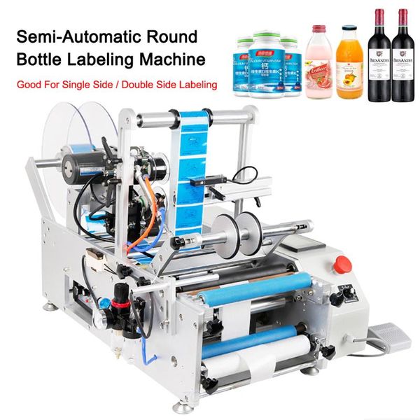 

dhl semi-automatic curved double sided cans pet round wine label applicator bottle stick mark labeling machine