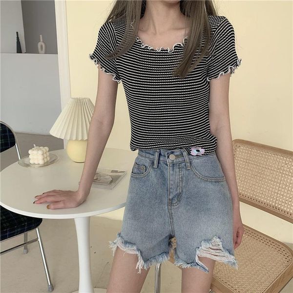 

women's t-shirt summer 2021 korean style age reduction slim stripe short knitted jacket sleeve female student, White