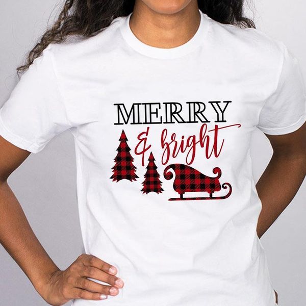 

women graphic plaid tree happy time fashion 90s merry christmas tees clothing clothes print lady female t shirt t-shirt, White