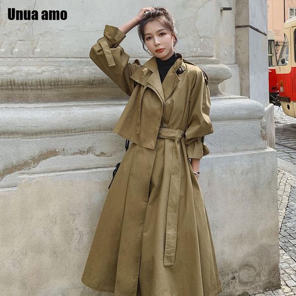 

unua amo women's trench coat long chic khaki overcoat 2021 fashion chic lapel epaulet casual spring women's windbreaker, Tan;black