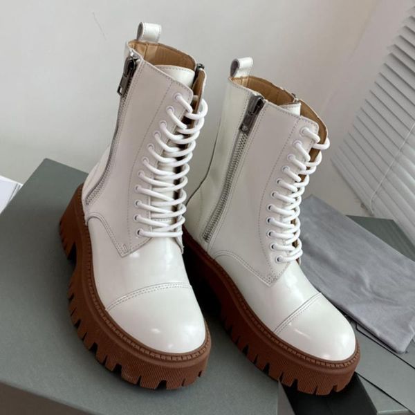 

boots ins white brown lace-up platform leather round toe side zipper short ankle fashion women all-match, Black
