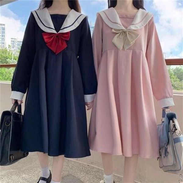 

clothing sets a-line dress women sweet kawaii japanese style college autumn sailor collar patchwork bow fashion leisure loose chic, White