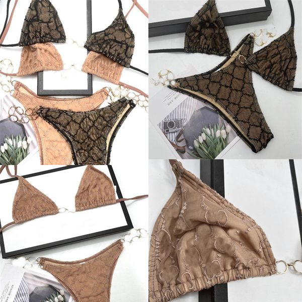 

luxury embroidery bikini set letters metal chain beachwears women split bikini high waist thong swimsuits 2 piece set