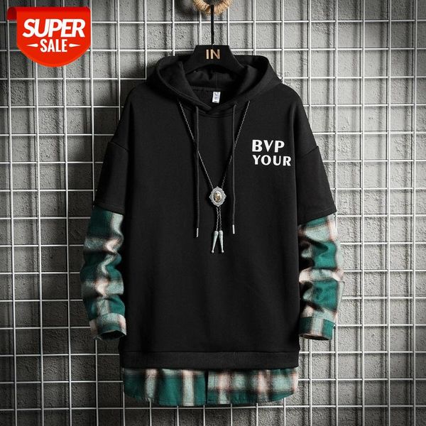 

2020 autumn new sweatshirt mens hip hop pullover hoodies streetwear casual fashion high-quality fake two-piece plaid hoodie #so4j, Black