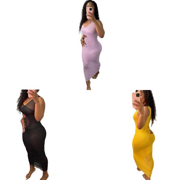 

casual dresses perspective hollow out suspender dress women's summer skirt, solid color transparent sleeveless tight, Black;gray