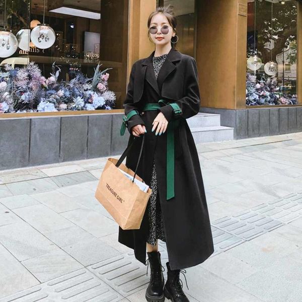 

women's trench coats elegant fahsion double breasted black coat for women korean loose belted female long windbreaker spring autumn clo, Tan;black