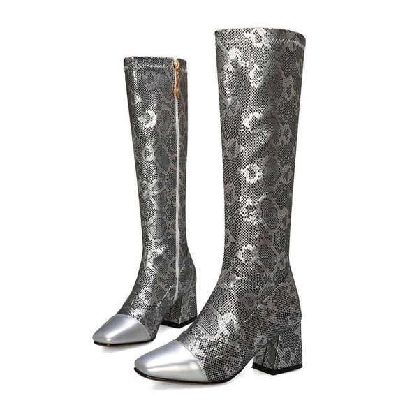 

boots lady printed color-blocking knee snakeskin pattern square toe thick heel women shoes side zipper, Black