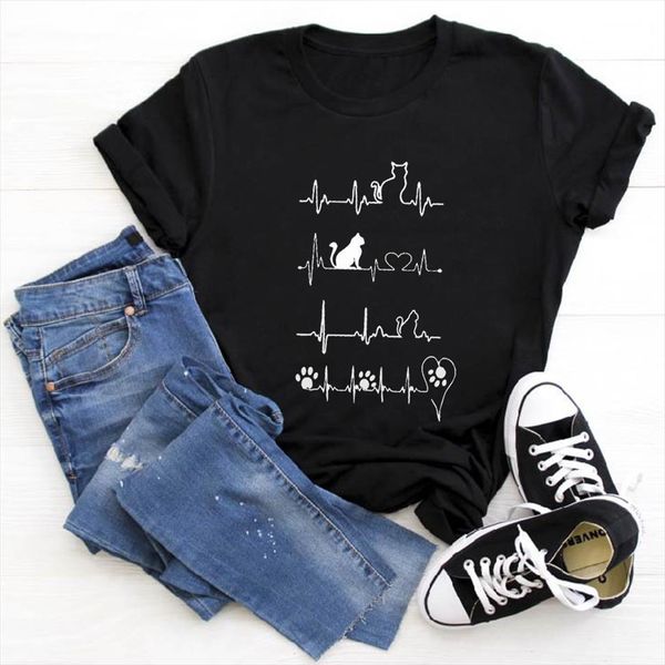 

cat heartbeat print tee and mens t shirt women ladies short sleeve femme vintage summer funny mujer camisetas, White;black
