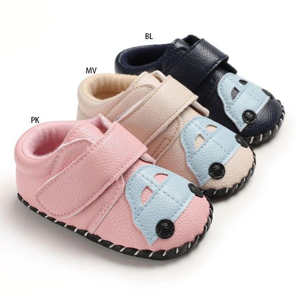 

infant baby boy girls faux leather crib shoes cute cartoon car applique soft anti-slip rubber toddler pre-walkers sneakers