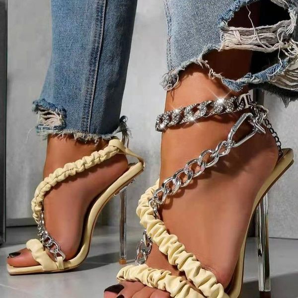

sandals summer 2021 european and american fashion metal chain square toe open stiletto plus size, Black