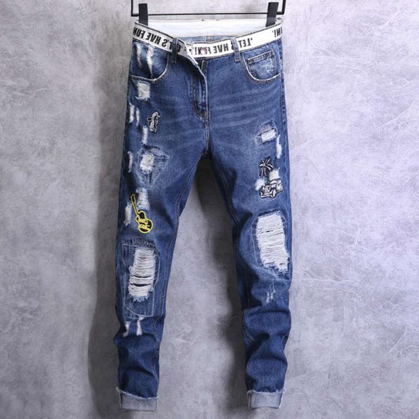

2021autumn new hip hop high end fashion trend personalized holed narrow legged pants men's jeans slim, Blue
