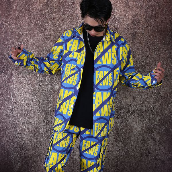 

men casual shirt stage wear personality lettered printed loose casual shirts long sleeve bar nightclub dj singer dancer costume, Black;red