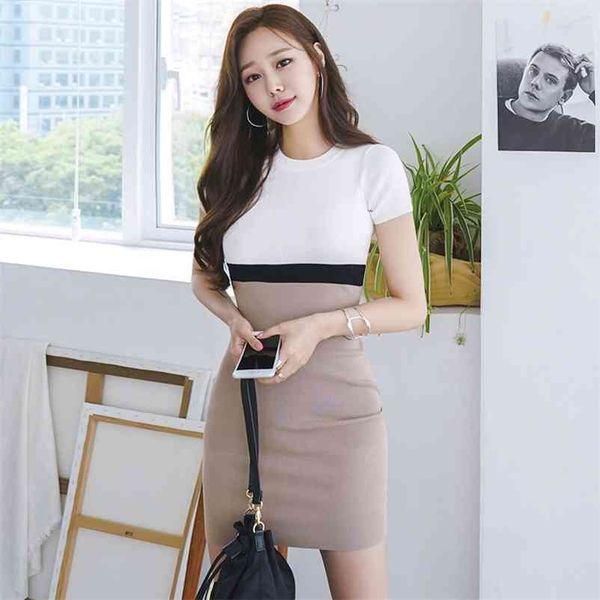 

patchwork knit mini tight dress korean ladies summer short sleeve crew neck nightclub party dresses for women 210530, Black;gray
