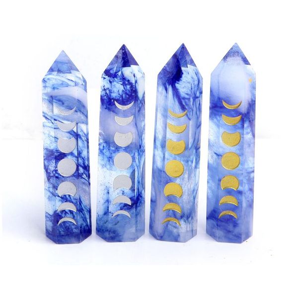 

decorative objects & figurines 1pc 8-9cm artificial quartz blue smelting point moon phase change symbol carving wand crystal stone healing h