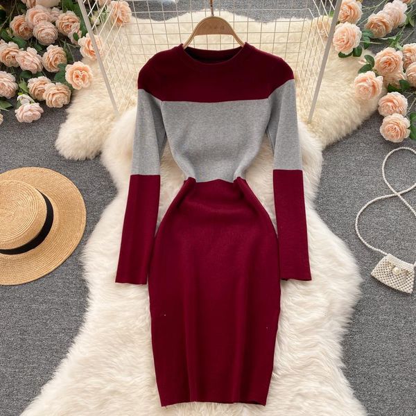 

casual dresses fall knitting dress o neck double color contrasting slim vestido feminino office lady elegant bottom bodycon for women, Black;gray