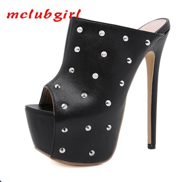 

mclubgirl spring women's shoes rivet platform fish toe nail waterproof pu slipper 16cm slipper for party cwf-zg1506-25, Black