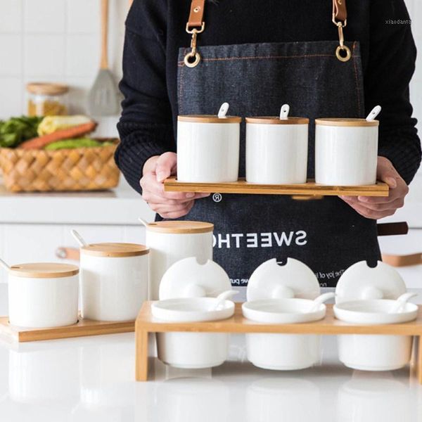 

storage bottles & jars ceramic condiment jar seasoning pot bamboo holder spice sugar box salt pepper can kitchen restaurant organizer tools