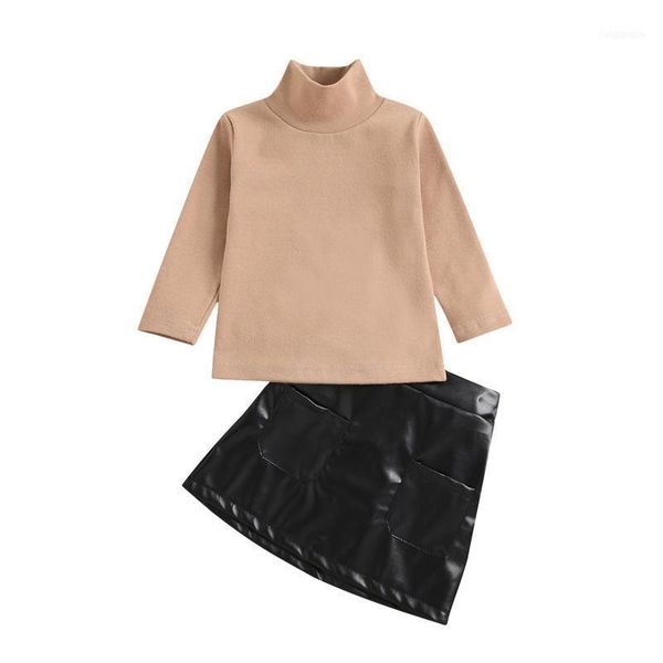 

clothing sets 2pcs sweet style little girls outfit, autumn toddlers solid color long sleeve high collar + pocket short pu leather, White