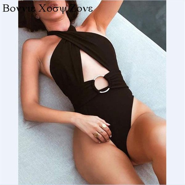 

women summer solid sleeveless skinny halter one-piece swimwear