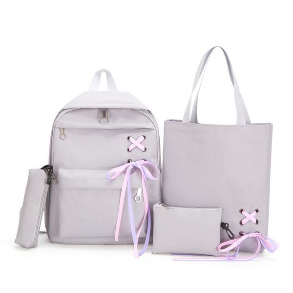 

outdoor bags 4pcs/set ribbon chain bowknot canvas backpack travel rucksacks leisure backpacks for teenage girls school gray