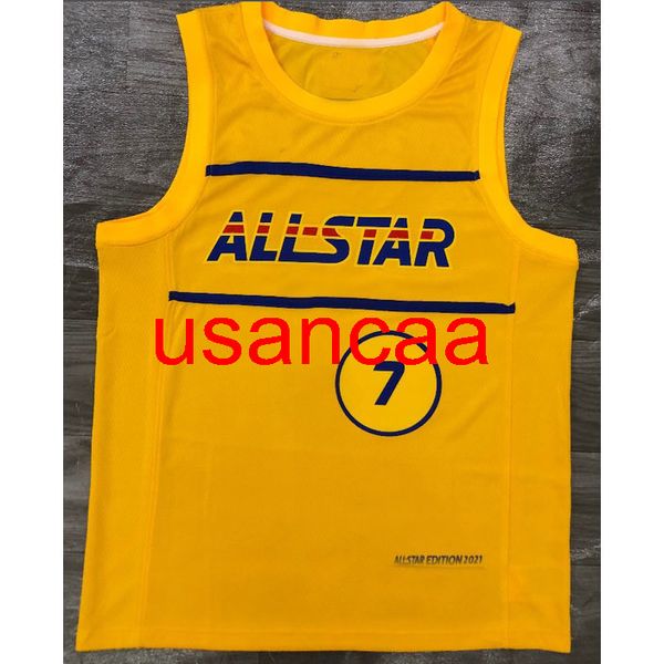 Alle Stickereien 2 Stile 7# BRAUN All-Star-Basketballtrikot der Saison 2021 in Gelb. Passen Sie die Jugendweste für Männer und Frauen an und fügen Sie eine beliebige Nummer und den Namen XS-5XL 6XL hinzu