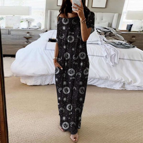

short sleeve dress women's printing long skirt loose fitting home, Black;gray