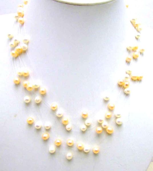 

chokers qingmos 6-7mm round white pink pearl necklace for women with natural freshwater 8 strands starriness 18", Golden;silver