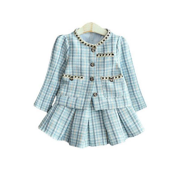 

girls sweater sets kids clothing baby clothes outfits autumn winter woolen coat plaid pleated skirt 2pcs b8357, White
