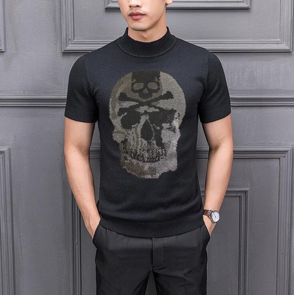 

2021 new short sleeve sweaters with diamond stone slim fit casual size s-2xl eo8c, White;black