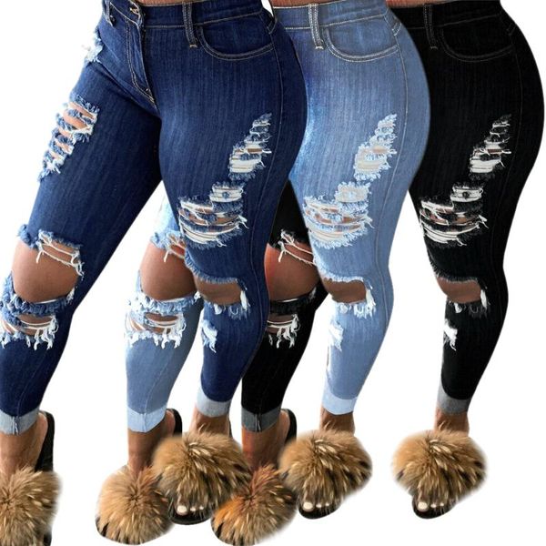 

women's jeans women high waist hole skinny ripped denim casual pencil pants fahsion slim trousers plus size streetwear, Blue