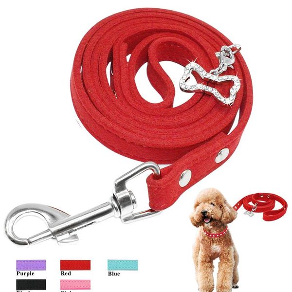 

soft suede leather pet dog leash cats dogs walking lead rope with bling rhinestone bone pendant pet cat collar leash jlletz