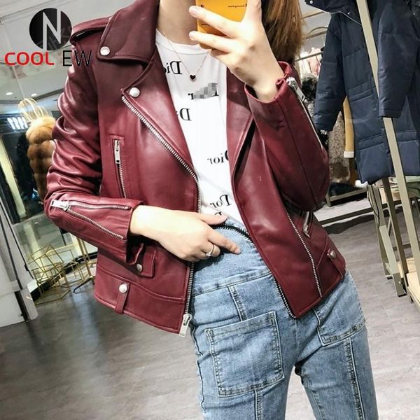 

women's leather & faux fashion women wine red sheepskin genuine jacket motorcycle female short coat windproof autumn casual real, Black
