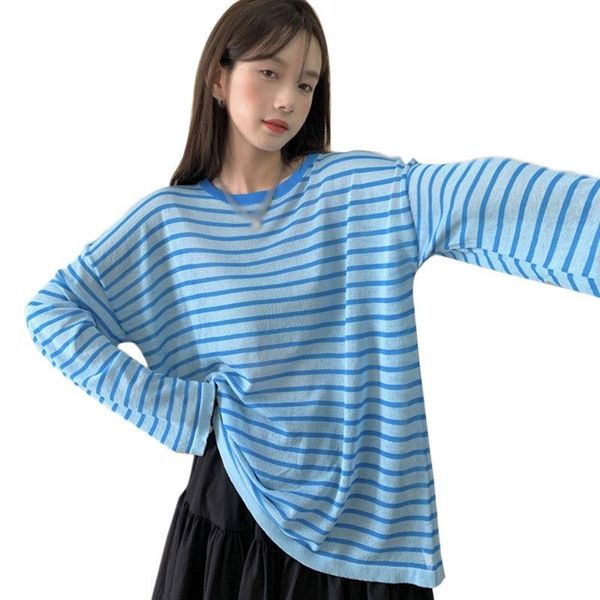 

women's t-shirt casual women loose summer long sleeve striped sunscreen female round neck t-shirts black/green/blue/pink, White