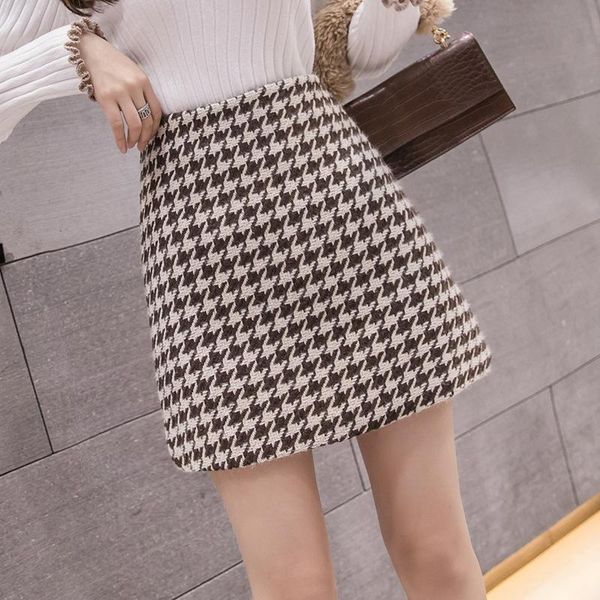 

skirts fashion women's skirt woolen plaid high waist slim buttocks short mini woman black beige 1080